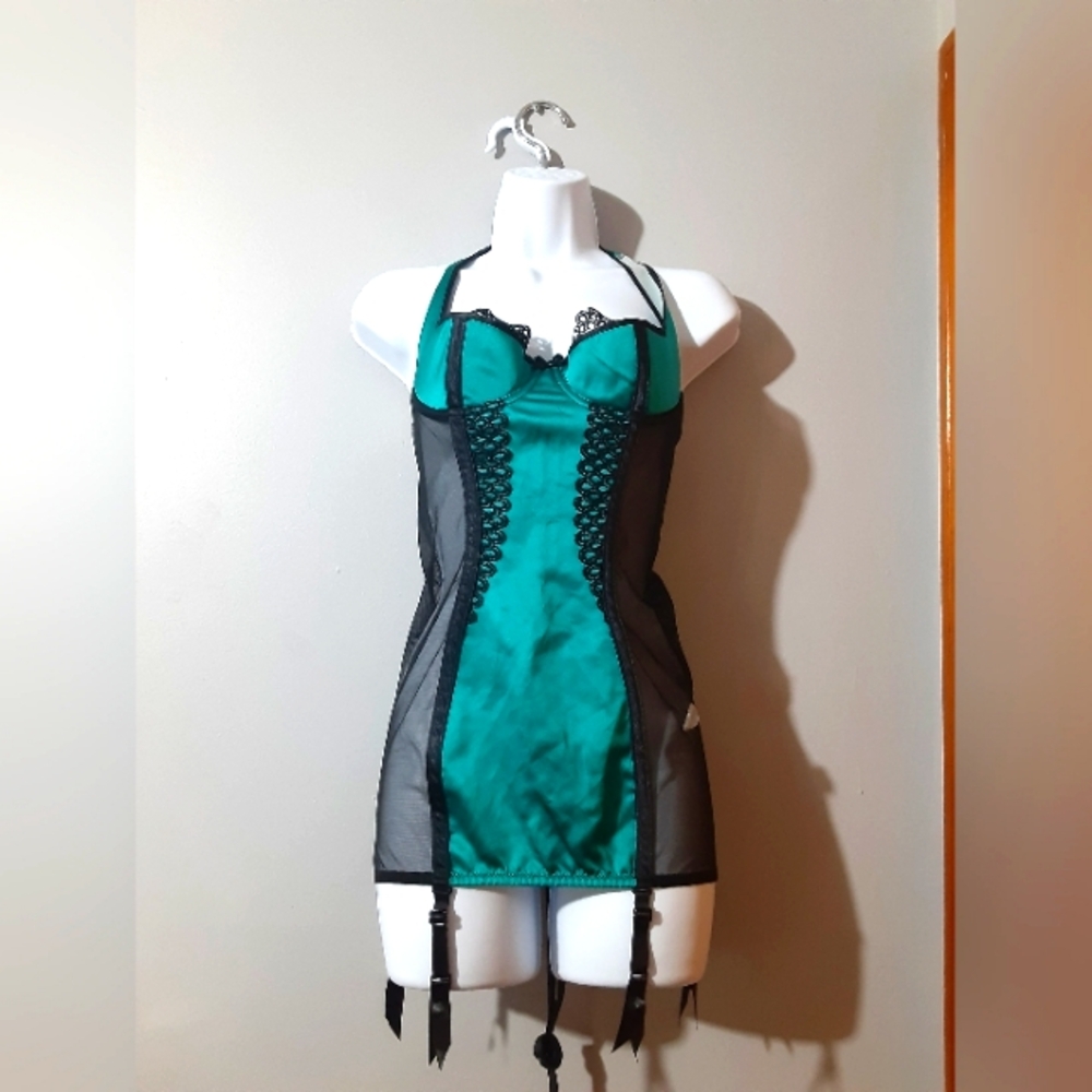 Lovers Lane Women's Lingerie Green Black Satin Lace Corsette Tie Up M Sexy